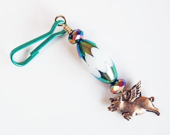 Rainbow Colored and White Golden Flying Pig Zipper Pull, Colorful Pig With Wings Backpack Charm, Pretty Pigasus Purse Bling
