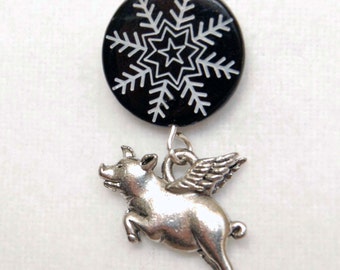 Flying Pig Snowflake Lapel Pin or Tie Tack, When Pigs Fly Tie Tack, Pig with Wings Winter Lapel Pin, Black White and Silver Pigasus Pin