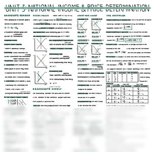 May include: A handwritten economics study guide with the title "Unit 7: National Income & Price Determination." The notes include diagrams, formulas, and definitions related to aggregate demand, fiscal policy, and the multiplier effect. The text is in black and green ink.