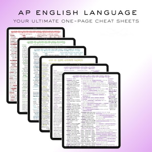 May include: A stack of black tablets displaying AP English Language study guides. The guides include topics like synthesis, argument, and grammar, with the text "Your Ultimate One-Page Cheat Sheets" at the top.