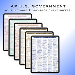 Op de afbeelding: Een stapel van zeven zwarte tablets met kleurrijke aantekeningen over AP U.S. Government-onderwerpen. De tekst "AP U.S. GOVERNMENT YOUR ULTIMATE 7 ONE-PAGE CHEAT SHEETS" staat bovenaan. Elke tablet toont verschillende eenheden, waaronder politieke participatie.