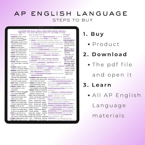 May include: A digital tablet displaying a study guide for AP English Language. The screen shows a list of terms and definitions. Text on the image reads "AP English Language Steps to Buy" and "Guide to do well on AP Lang MCQ".