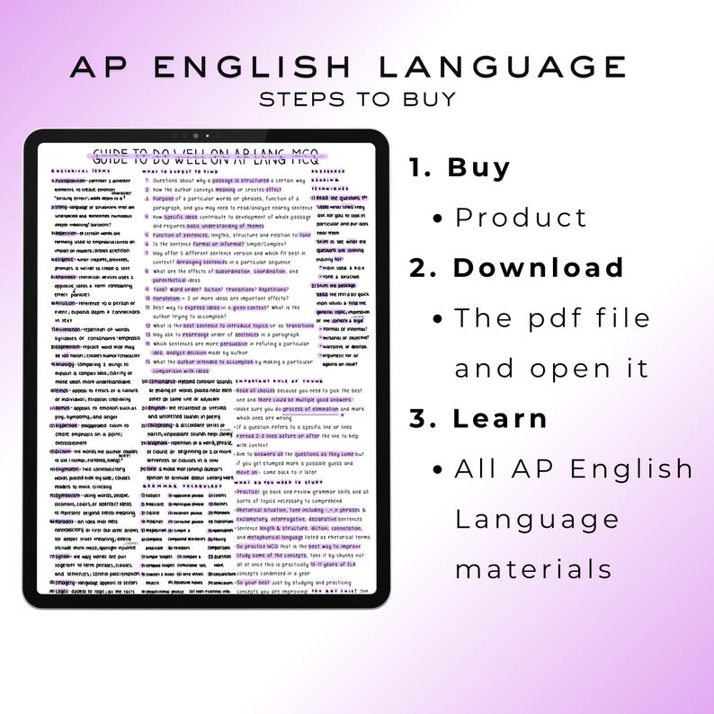 May include: A digital tablet displaying a study guide for AP English Language. The screen shows a list of terms and definitions. Text on the image reads "AP English Language Steps to Buy" and "Guide to do well on AP Lang MCQ".