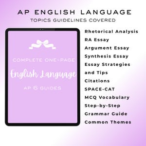 May include: A digital tablet displays a light purple screen with the words "AP English Language" and a list of topics, including "Rhetorical Analysis" and "Argument Essay." The text "English Language AP 6 Guides" is also visible.