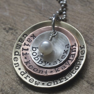 mixed metal personalized pendant necklace, mom necklace with kids names, gift for mom, grandma, layered disc rustic necklace, granny, nana