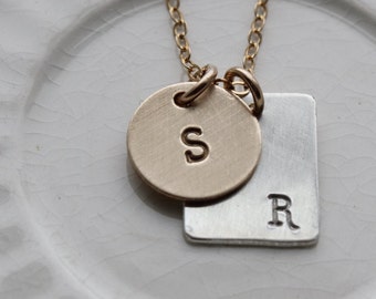 gold filled sterling charm necklace, personalized gold initial necklace, mixed metal necklace, mommy necklace, custom engraved jewelry,