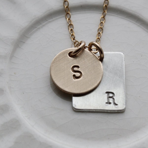 gold filled sterling charm necklace, personalized gold initial necklace, mixed metal necklace, mommy necklace, custom engraved jewelry,