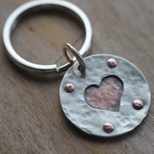 Personalized rustic sterling and copper heart keychain, custom key chain, hand crafted key ring, personalized key ring, engraved key chain