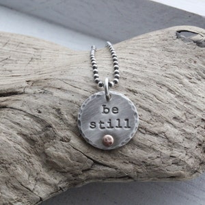 Personalized jewelry, sterling silver &#39;be still&#39; pendant necklace, rustic charm necklace, scripture necklace, christian jewelry, religious