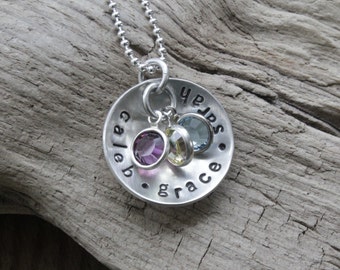 Personalized jewelry gift for mom, birthstone pendant necklace, mommy necklace, kids name necklace, grandma gift, stamped sterling necklace