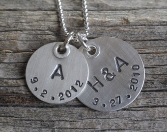 personalized jewelry, hand stamped sterling, riveted initial and date necklace, birthdate anniversary necklace, personalized gift, mom gift