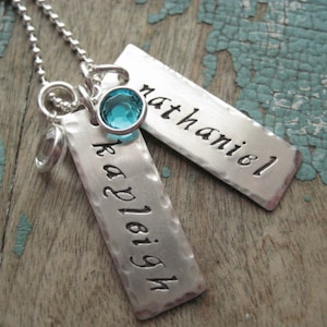 Personalized jewelry for mom, hand stamped,  sterling silver hammered name tags, birthstones necklace, gifts for mom,