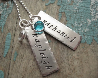 Personalized jewelry for mom, hand stamped,  sterling silver hammered name tags, birthstones necklace, gifts for mom,