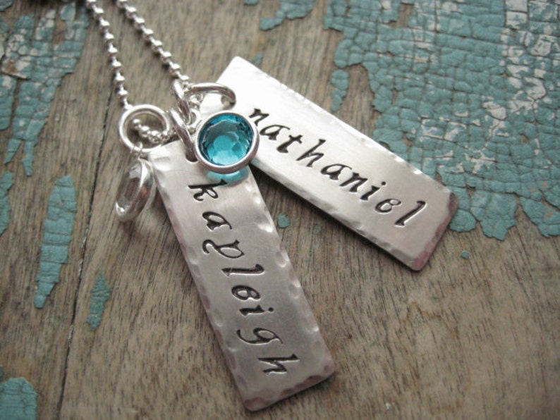 Personalized jewelry for mom, hand stamped, sterling silver hammered name tags, birthstones necklace, gifts for mom, image 1