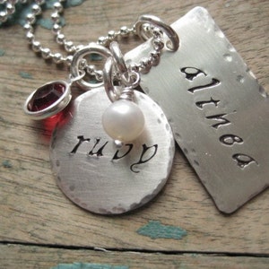 Personalized sterling silver hand stamped hammered tag and disc necklace with birthstones