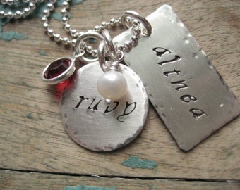 Personalized sterling silver hand stamped hammered tag and disc necklace with birthstones