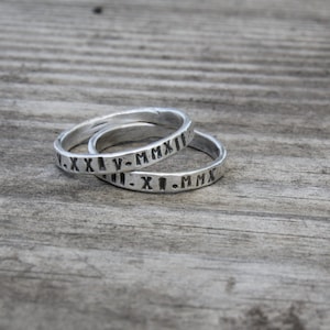 personalized rings, stacking rings, modern mom jewelry, roman numeral jewelry, gift for her, rustic, ring with date, dainty rings, stackies