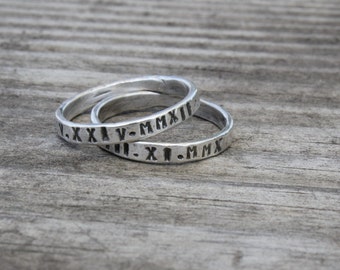 personalized rings, stacking rings, modern mom jewelry, roman numeral jewelry, gift for her, rustic, ring with date, dainty rings, stackies