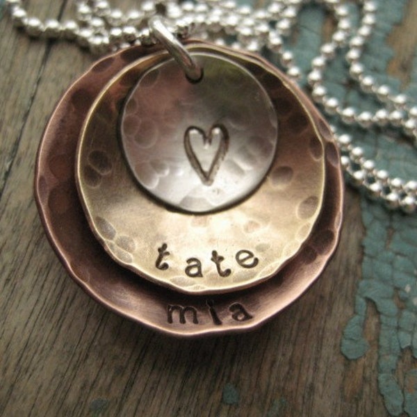 Personalized jewelry, mixed metal layered discs necklace, gift for mom, kids name necklace, personalized necklace, mothers day jewelry gift