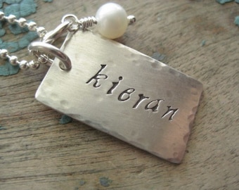 Personalized sterling silver hammered rectangle tag necklace