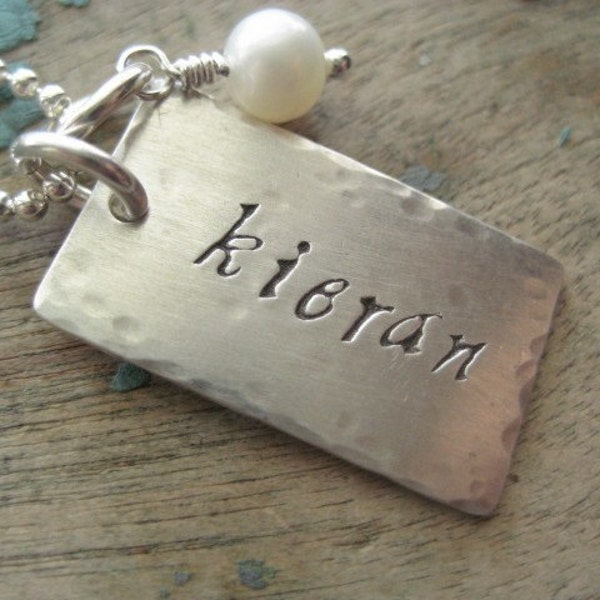 Personalized sterling silver hammered rectangle tag necklace