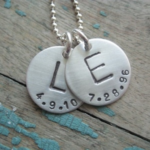 Personalized jewelry, initial with date discs necklace, hand stamped sterling necklace, mom necklace,  initial jewelry, monogram necklace
