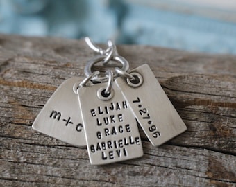 Personalized sterling hand stamped jewelry, riveted charm family and kids names necklace, wife personalized, mom necklace with kids names