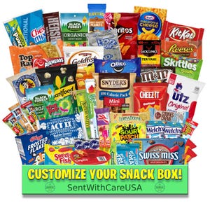 Boîte cadeau collation | Plus de 40 emballages personnalisables pour collations | Cadeaux snacks américains pour lui | Ensemble varié de collations avec carte personnalisable, cadeau d'anniversaire