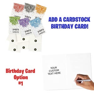 K&ouml;nnte beinhalten: Ein Satz von 10 leeren Karten mit Konfetti-Designs und dem Text "Happy Birthday". Die Karten sind &uuml;bereinander gestapelt. Eine leere Karte aus Karton wird mit dem Text "Ihr individueller Text hier" gezeigt und eine Hand schreibt mit einem Stift auf die Karte.