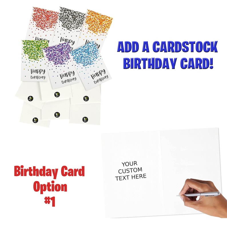K&ouml;nnte beinhalten: Ein Satz von 10 leeren Karten mit Konfetti-Designs und dem Text "Happy Birthday". Die Karten sind &uuml;bereinander gestapelt. Eine leere Karte aus Karton wird mit dem Text "Ihr individueller Text hier" gezeigt und eine Hand schreibt mit einem Stift auf die Karte.