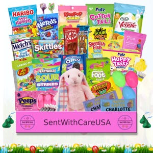 May include: An Easter-themed gift box filled with a variety of candies and treats. The box includes gummy candies, chocolate bars, cookies, and a plush pink bunny. The box is decorated with Easter eggs and the text "Sent With Care USA".
