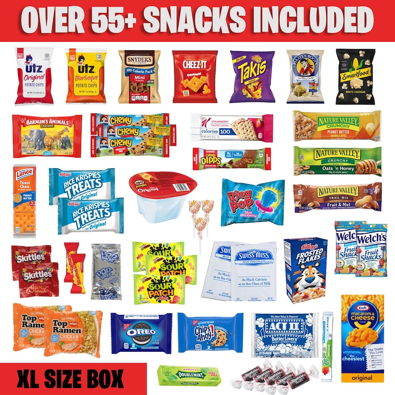 K&ouml;nnte beinhalten: Eine gro&szlig;e Box gef&uuml;llt mit &uuml;ber 55 verschiedenen Snacks. Die Box enth&auml;lt eine Vielzahl von Chips, S&uuml;&szlig;igkeiten, M&uuml;sli und anderen Snacks. Die Box ist mit "XL Size Box" beschriftet.