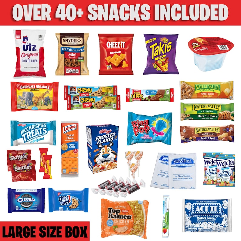K&ouml;nnte beinhalten: Eine gro&szlig;e Box gef&uuml;llt mit &uuml;ber 40 verschiedenen Snacks, darunter Chips, Cracker, M&uuml;sli, S&uuml;&szlig;igkeiten und vieles mehr. Die Box ist mit "Gro&szlig;e Box" und "&Uuml;ber 40 Snacks enthalten" beschriftet.