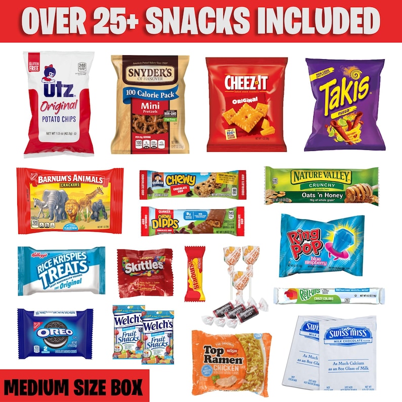 K&ouml;nnte beinhalten: Eine mittelgro&szlig;e Box gef&uuml;llt mit &uuml;ber 25 beliebten Snackmarken, darunter Utz Kartoffelchips, Snyder's of Hanover Brezeln, Cheez-It Cracker, Takis, Barnum's Animals Cracker, Rice Krispies Treats, Skittles, Welch's Frucht Snacks, Oreo Kekse, Top Ramen, Ring Pop und Swiss Miss.