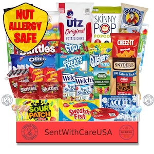 May include: A variety pack of nut-free snacks, including chips, popcorn, pretzels, candy, and fruit snacks. The snacks are arranged in a box with the text "SentWithCareUSA" on the front. The box is labeled "Peanut Free".