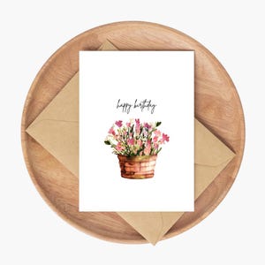 Tarjeta de cumpleaños con diseño de acuarela impresa: flores, colores rosa, tarjeta sencilla, cumpleaños de primavera y verano.