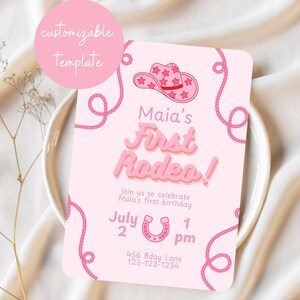 Modèle numérique d'invitation pour le premier anniversaire de bébé - premier rodéo de bébé, carte à thème western, invitation d'anniversaire, modèle personnalisable