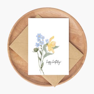 Tarjeta de cumpleaños con diseño de acuarela impresa: flores, colores bígaro y amarillo, tarjeta sencilla, cumpleaños de primavera y verano.