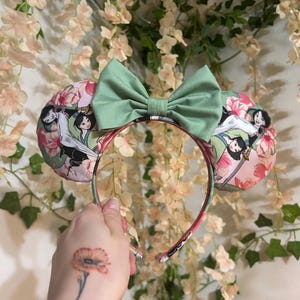 Mulan-Inspired Floral Mickey Ears Headband | Handmade Disney Ears with Mushu & Mulan Print