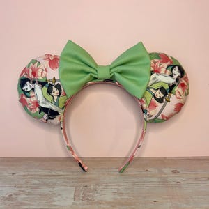 Mulan-Inspired Floral Mickey Ears Headband | Handmade Disney Ears with Mushu & Mulan Print