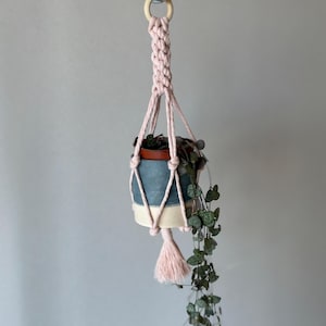 May include: A hanging macrame plant holder in light pink, suspending a blue and white ceramic pot with a trailing green plant. The macrame design includes a wooden ring at the top and a tassel at the bottom, creating a bohemian aesthetic.