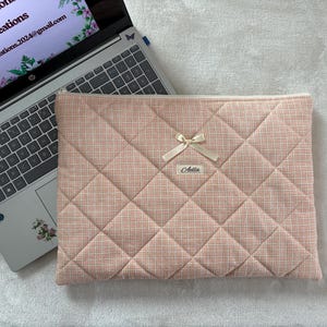 Plaid Quilted Laptop Sleeve, Pink Laptop Case, Fabric Laptop Pouch, Handmade MacBook protector sleeve, Computer Bag, Back to school Bag