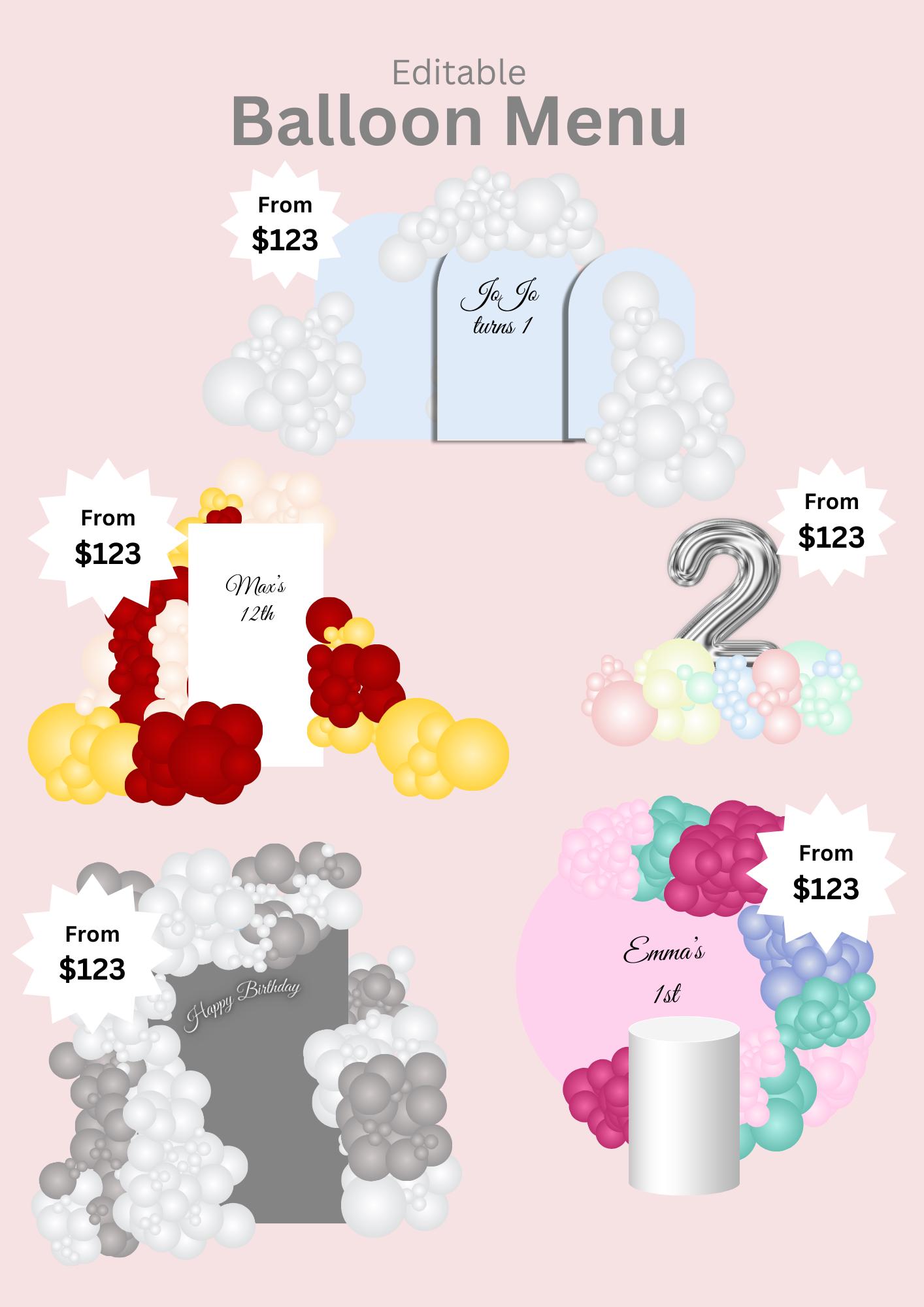 Editable Balloon Menu Template - Customizable Party Decoration Pricing ...