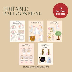 Plantilla de menú con globos editable: guía de precios de decoración de fiestas personalizable