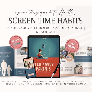 Op de afbeelding: Een oudergids voor gezonde schermgewoonten met een kleurrijke omslag met illustraties van kinderen die technologie gebruiken. De gids bevat een e-book, online cursus en bron. Het e-book is getiteld "Tech-Savvy Parents: Een gids voor gezonde schermgewoonten".