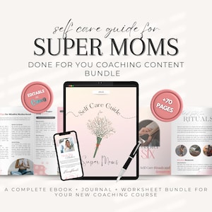 Puede incluir: Un paquete de productos digitales rosa y blanco para Super Mamás, que incluye una guía de autocuidado, un diario y hojas de trabajo. El paquete incluye más de 70 páginas de contenido y es editable en Canva.