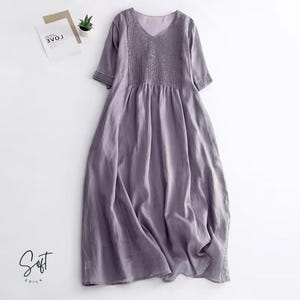 Linen Style Midi Dress - Loose Pleated Summer Dress Women - Japanese Inspired Tunic - Boho Retro Cotton Look Dress Soft Flowy Oversized Fit