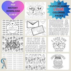 10 pages à colorier sur le thème de l'amour pour la Saint-Valentin, nom personnalisé imprimable en téléchargement PDF, coeurs ours chiots chatons