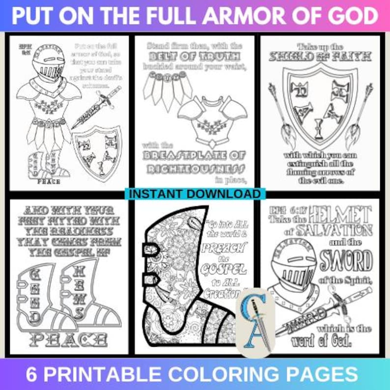 6 Put on the Full Armor of God Coloring Pages Instant Printable PDF ...