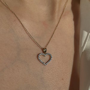 14K Solid Gold Heart Necklace With Stones- Tiny Heart Necklace- Heart Pendant- Heart Charm Necklace- Diamond Heart Necklace- Gifts For Her